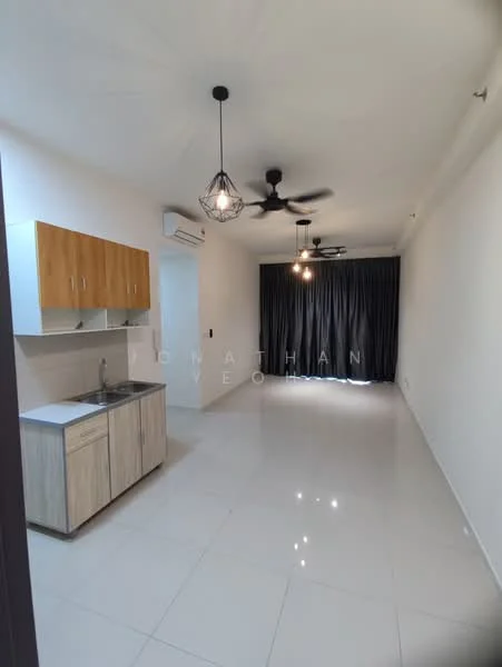 Kitchen features: single-bowl stainless-steel sink, chrome pull-down faucet, wood cabinetry, laminate countertop, open shelving; style: modern. Living features: white painted walls, glossy tile flooring, 2 ceiling fans, blackout curtains, recessed downlights; style: modern.