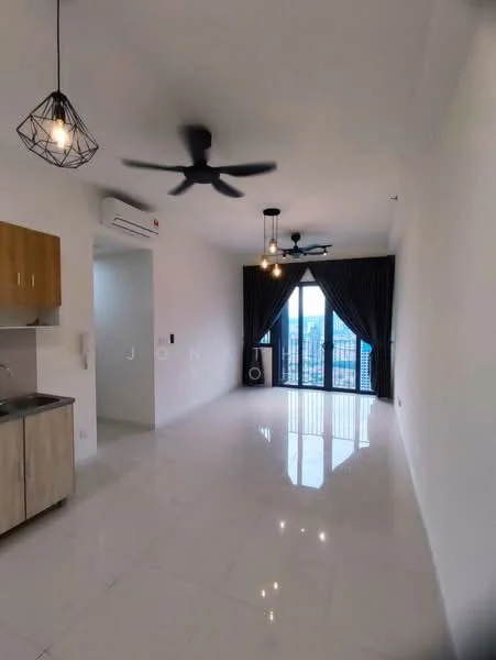 Living features: white painted walls, polished ceramic tile flooring, 5-blade ceiling fan with light, 2 pendant lamps, floor-to-ceiling windows, blackout curtains, kitchenette with wooden cabinetry, stainless-steel sink, wall-mounted air conditioning unit; style: modern; view: city.