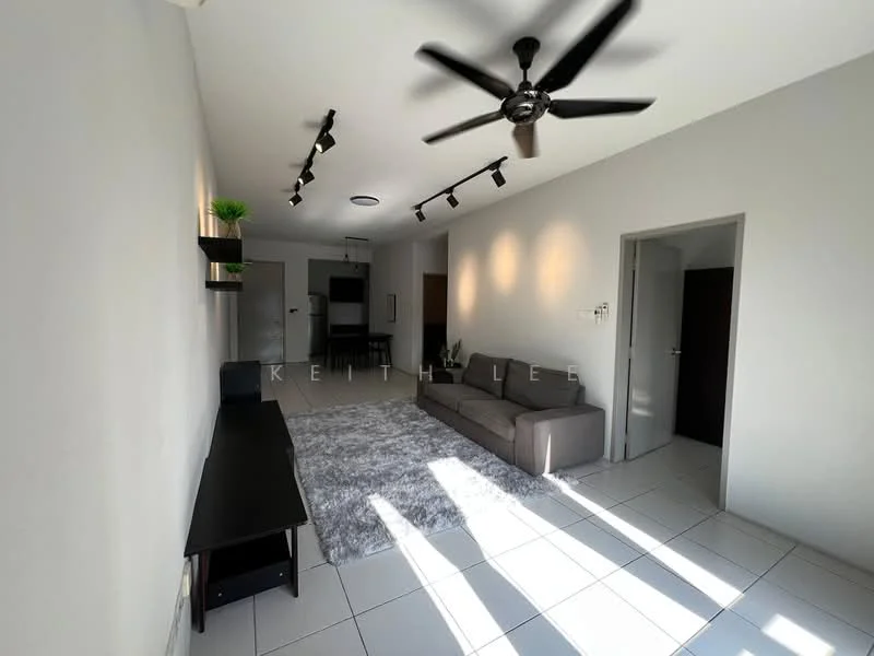 Living features: 3-seater fabric sofa in grey, area rug with geometric pattern, ceiling fan, recessed LED downlights, wall-mounted TV console, sliding door, white painted walls, tile flooring, open layout, natural light from windows; style: modern.