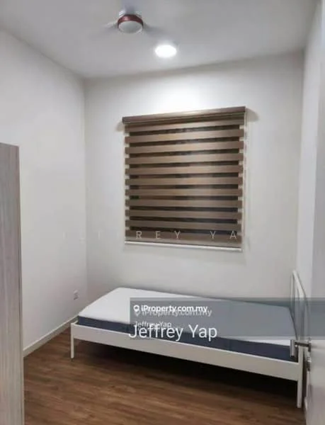 Bedroom features: single bed frame, wooden flooring, white painted walls, roller blinds, ceiling fan, recessed ceiling lights, empty mattress base, built-in wardrobe; style: modern.