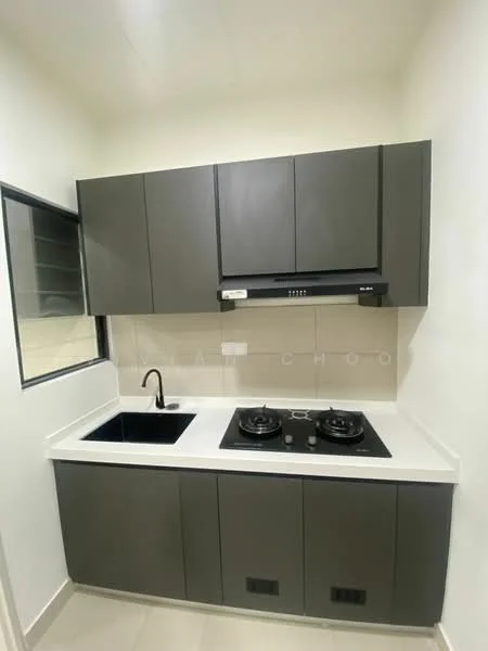 Kitchen features: black single-bowl sink, chrome pull-down faucet, grey flat-panel cabinets, white quartz countertop, black built-in gas hob, black range hood, cream tiled backsplash, light grey ceramic tile flooring, window with black frame; style: modern.