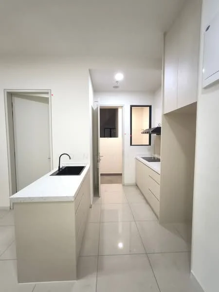 Kitchen features: white cabinets, granite countertop, single-bowl stainless-steel sink, chrome pull-down faucet, built-in oven, freestanding range oven, ceramic tile flooring, recessed downlights, wall-mounted extractor hood, open shelving, door leading to hallway, window with black frame; style: modern.