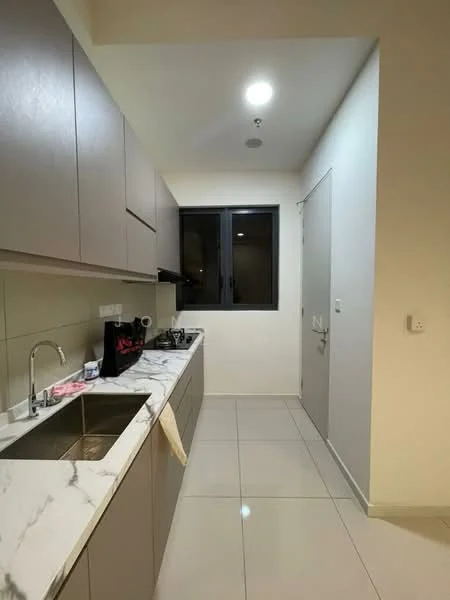 Kitchen features: marble countertop, single-bowl stainless-steel sink, chrome pull-down faucet, flat-panel grey cabinets, built-in oven, stainless-steel range hood, ceramic tile flooring, recessed downlights, window with black frame, white painted walls; style: modern.