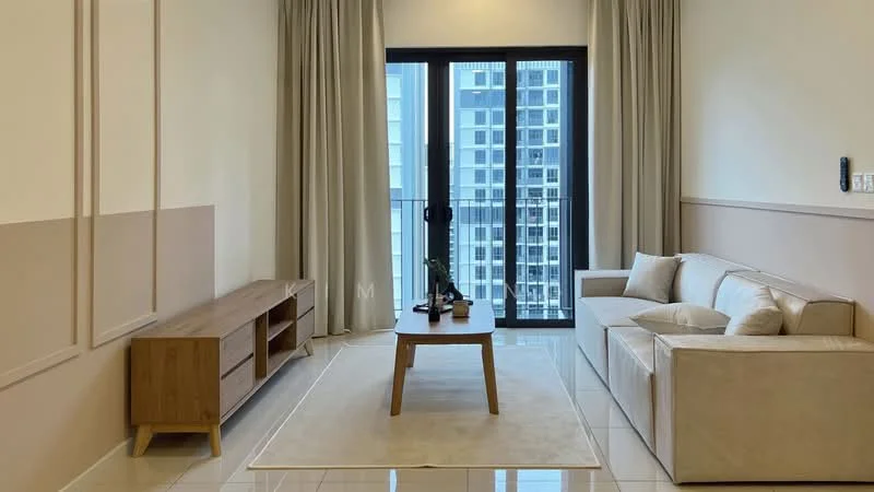 Living features: cream painted walls, light beige accent wall, floor-to-ceiling windows, sliding glass door, sheer curtains, 3-seater fabric sofa in light beige, wooden coffee table, TV console in light wood, area rug in cream, glossy tile flooring, decorative plants, wall-mounted intercom, built-in shelving; style: modern; view: city.