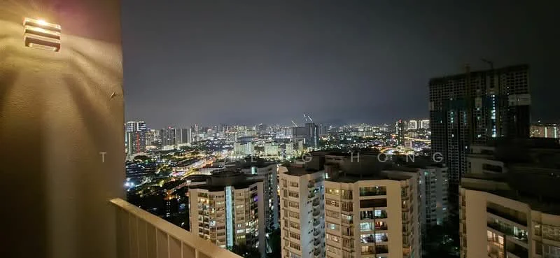 Exterior type: high-rise condominium; features: city skyline view, balcony railing, outdoor lighting, surrounding high-rise buildings, nighttime city lights; style: modern.