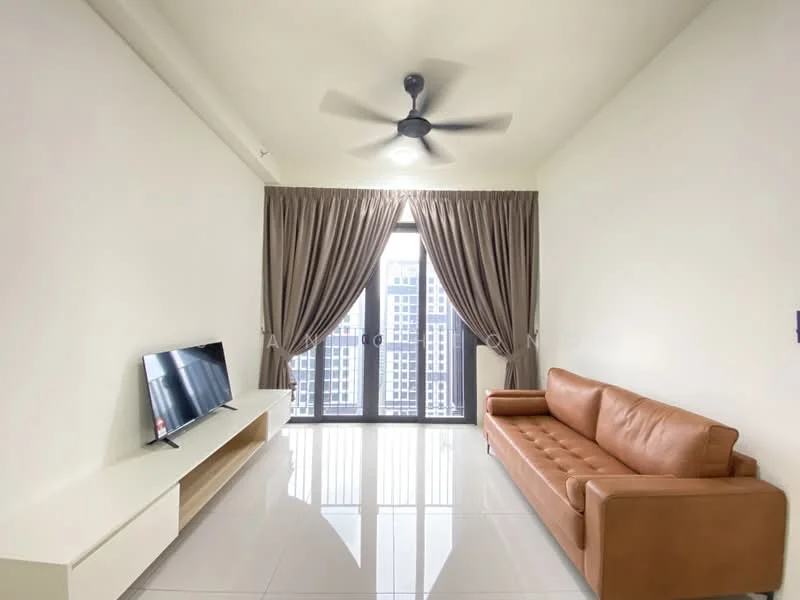 Living features: 3-seater leather sofa in brown, wall-mounted TV, TV console in white, floor-to-ceiling windows, sheer curtains, dark ceiling fan with light, glossy tile flooring, neutral painted walls; style: modern; view: city.