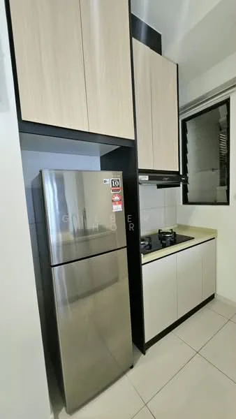 Kitchen features: stainless-steel fridge, 2-burner gas hob, black countertop, white cabinetry, light wood upper cabinets, black lower cabinets, tile flooring, window with grill, exhaust hood; style: modern.