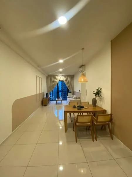 Dining features: dining table with four chairs, pendant light fixture, white walls with beige accent wall, glossy tile flooring, floor-to-ceiling windows with sheer curtains, sofa in background, air conditioning unit on wall, decorative plant on table; style: modern; view: city.