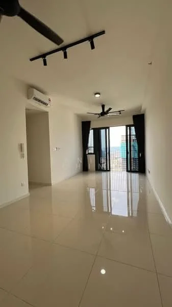 Living features: white painted walls, polished ceramic tile flooring, 5-blade ceiling fan with light, recessed LED downlights, floor-to-ceiling windows, sliding glass door, blackout curtains, air conditioning unit, open layout, city view; style: modern; view: city.