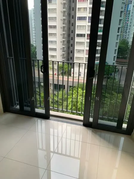 Room features: floor-to-ceiling windows, sliding glass door, balcony with railing, white walls, glossy tile flooring, view of greenery, urban view, natural light; style: modern; view: garden.