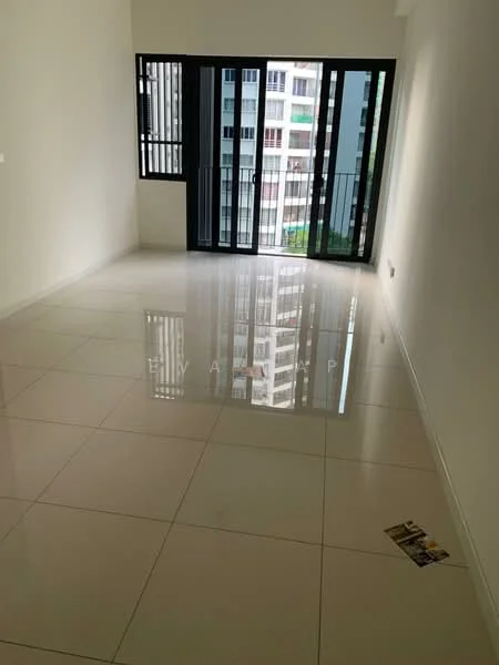 Room features: white painted walls, glossy tile flooring, floor-to-ceiling windows, black sliding door, balcony access, natural light, reflected light on floor, minimalist design; style: modern.