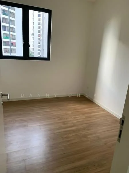 Room features: light wood laminate flooring, white painted walls, large window with black frame, natural light from window; view: city.