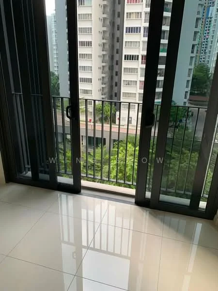 Room features: floor-to-ceiling windows, sliding glass door, white walls, glossy tile flooring, balcony with railing, view of surrounding buildings, view of greenery; style: modern; view: city.