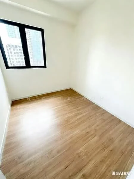 Room features: light wood laminate flooring, white painted walls, floor-to-ceiling windows, city view, corner room with angled wall, no visible furniture, natural light from windows; style: modern; view: city.