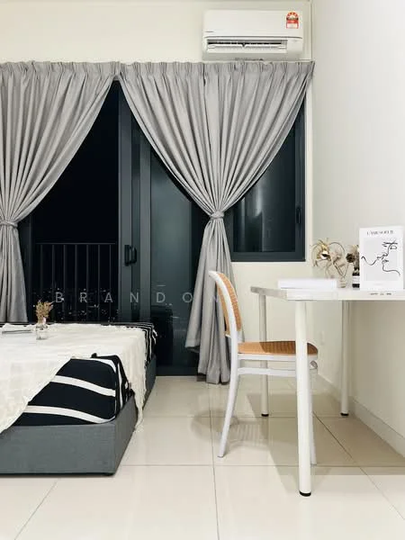 Room features: grey curtains, floor-to-ceiling windows, white walls, white tiled flooring, single bed with grey bedding, white study table, wooden chair, wall-mounted split AC; style: modern.