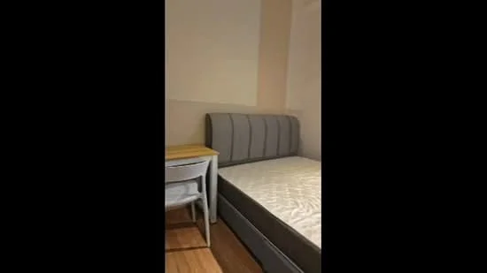 Bedroom features: grey upholstered bed frame, single bed, mattress, wooden bedside table, white walls, laminate flooring; style: modern.