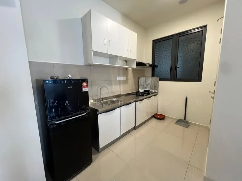 Kitchen features: black fridge, single-bowl stainless-steel sink, chrome pull-down faucet, white upper cabinets, black lower cabinets, ceramic tile backsplash, built-in gas stove, countertop with grey surface, window with black frame, tile flooring, kitchen utensils on countertop; style: modern.