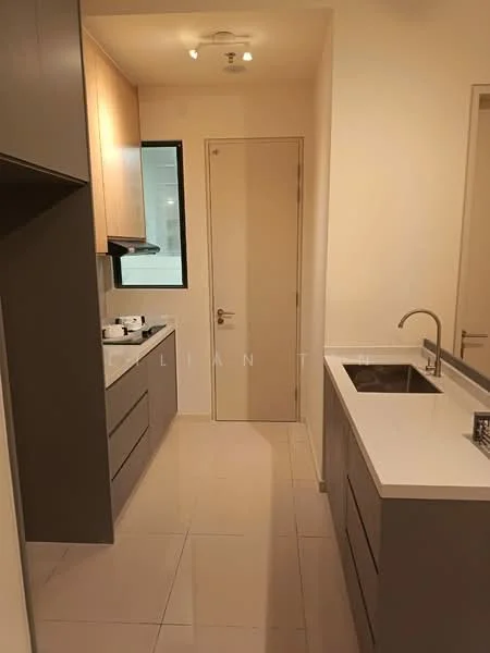 Kitchen features: grey cabinetry, white quartz countertop, single-bowl stainless-steel sink, chrome pull-down faucet, built-in oven, freestanding range oven, white ceramic cooktop, tile flooring, recessed downlights, window with black frame, door to hallway; style: modern.