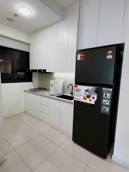 Kitchen features: white shaker cabinets, black refrigerator, stainless-steel sink, chrome pull-down faucet, white countertop, ceramic tile flooring, built-in microwave, window with black frame, under-cabinet lighting; style: modern.