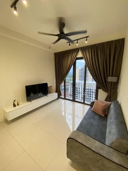 Living features: grey fabric sofa, white TV console, wall-mounted TV, 5-blade ceiling fan with light, floor-to-ceiling windows, sheer curtains, dark brown curtains, glossy tile flooring, decorative wall art, table lamp; style: modern; view: city.