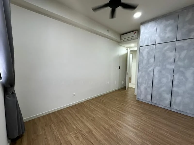 Room features: light wood laminate flooring, white painted walls, ceiling fan, built-in wardrobe with grey finish, window with grey curtains, air conditioning unit, doorway leading to another room; style: modern.