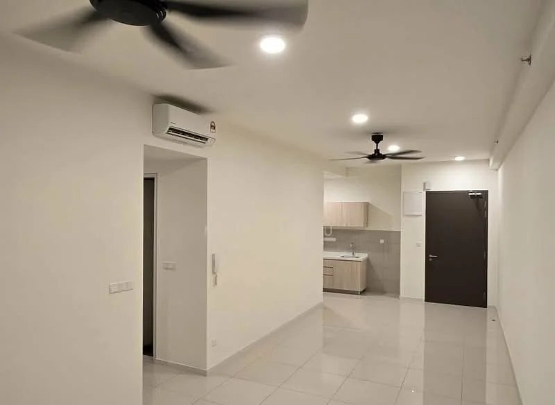 Room features: white painted walls, glossy tile flooring, 2 ceiling fans, 1 wall-mounted split AC, kitchen area visible in background, light fixtures, door to hallway, door to kitchen, neutral color scheme; style: modern.
