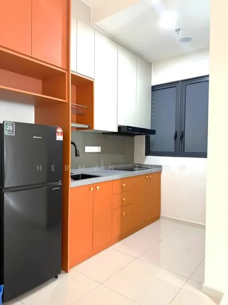 Kitchen features: orange cabinetry, white upper cabinets, grey countertop, stainless-steel sink, chrome pull-down faucet, black refrigerator, built-in stove, wall-mounted range hood, tile backsplash, window with black frames, light-colored walls, glossy tile flooring; style: modern.