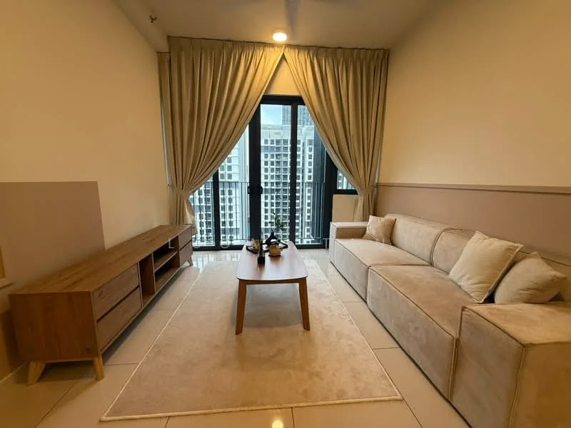 Living features: beige L-shape sectional sofa, wooden coffee table, TV console with storage, area rug, floor-to-ceiling windows, curtains, neutral painted walls, tile flooring, recessed downlights; style: modern; view: city.