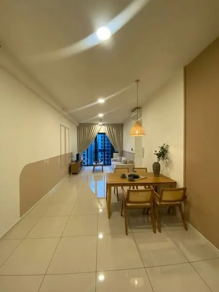 Dining features: dining table with four chairs, pendant light fixture, white painted walls, cream accent wall, large window with sheer curtains, tile flooring, air conditioning unit, decorative vase with flowers; style: modern; view: city. Living features: sofa, coffee table, TV console, floor-to-ceiling windows, curtains, tile flooring; style: modern; view: city.
