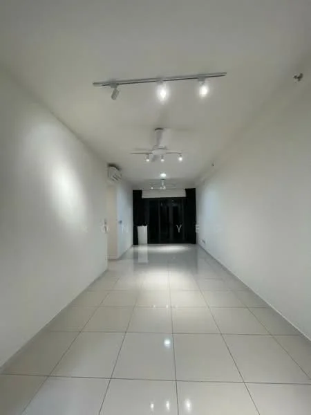 Room features: white painted walls, polished ceramic tile flooring, recessed LED downlights, 2 ceiling fans, air conditioning unit, large glass sliding door, blackout curtains; style: modern.