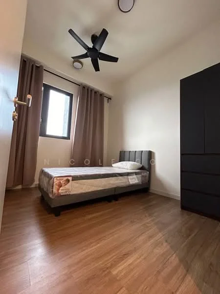 Bedroom features: single bed, upholstered headboard, wooden flooring, floor-to-ceiling window, sheer curtains, 5-blade ceiling fan, built-in wardrobe, neutral wall color; style: modern.