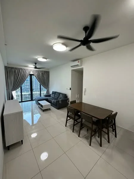 Living features: 3-seater fabric sofa in grey, white coffee table, dining table with 4 chairs, 2 ceiling fans, recessed LED downlights, floor-to-ceiling windows, curtains, glossy tile flooring, wall-mounted air conditioning unit, decorative wall panel, TV console; style: modern; view: city.
