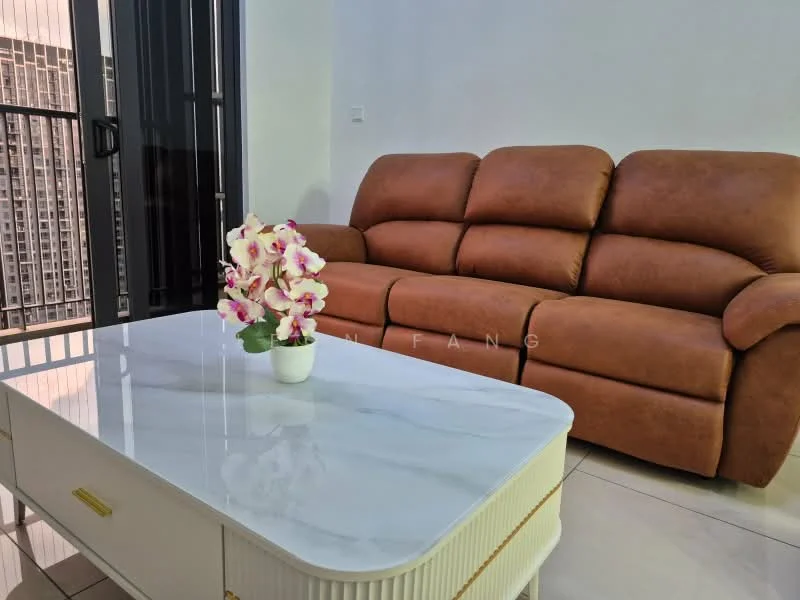 Living features: brown leather reclining sofa, white marble coffee table, decorative flower arrangement, large windows with black frames, tile flooring, white painted walls, city view through windows; style: modern; view: city.