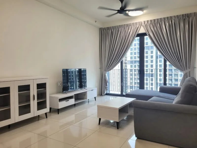 Living features: grey fabric sofa, white coffee table, white TV console, black flat-screen TV, floor-to-ceiling windows, sheer curtains, black ceiling fan, glossy tile flooring, decorative wall, balcony view; style: modern; view: city.