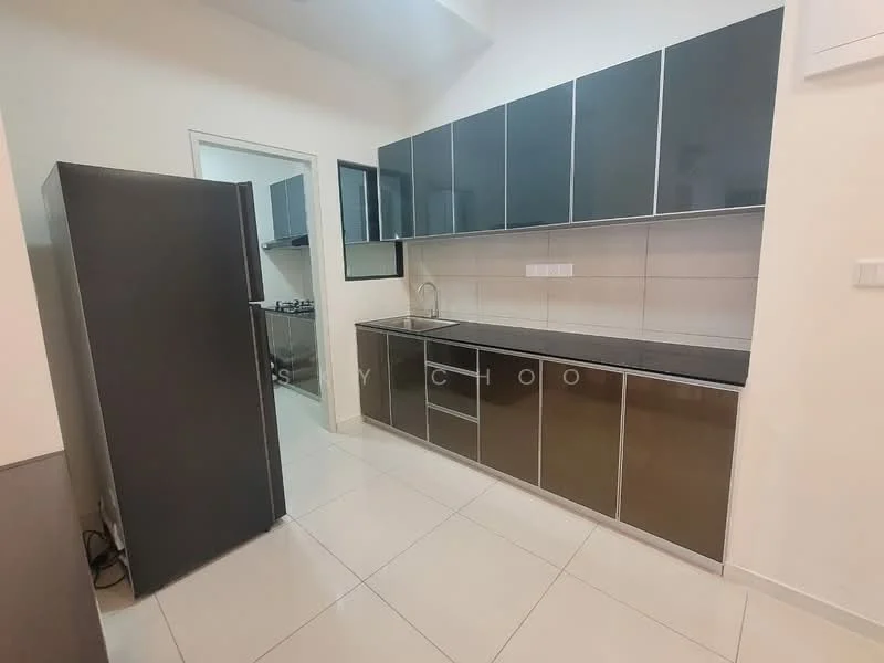 Kitchen features: grey high-gloss cabinetry, black granite countertop, stainless-steel sink, chrome faucet, built-in gas stove, stainless-steel fridge, white tiled backsplash, ceramic tile flooring, recessed ceiling lights, open layout to adjacent room, window for natural light; style: modern.