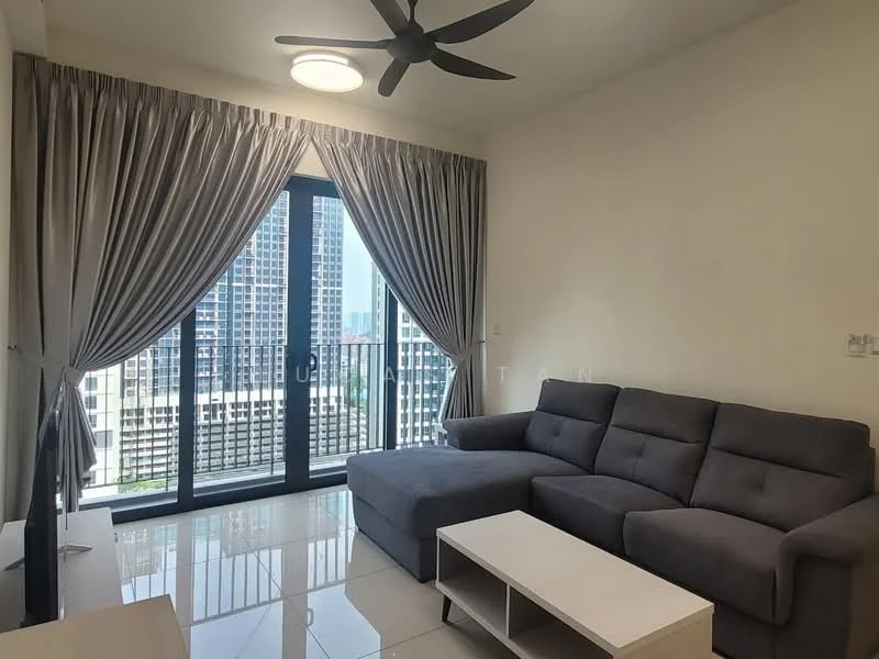 Living features: 3-seater fabric sofa in grey, coffee table, floor-to-ceiling windows, curtains in light grey, white walls, polished tile flooring, ceiling fan with light, balcony view; style: modern; view: city.