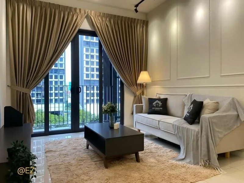 Living features: 3-seater fabric sofa in white, coffee table with dark wood finish, area rug in beige, floor-to-ceiling windows, curtains in light beige, wall-mounted TV console, decorative plant in ceramic pot, wall paneling with white paint, recessed lighting, lamp on side table; style: modern; view: garden.