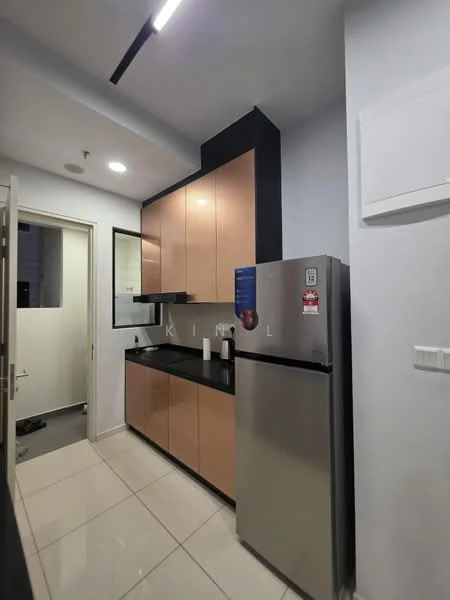 Kitchen features: black granite countertop, light wood cabinetry, stainless-steel fridge, built-in oven, ceramic tile flooring, recessed lighting, wall-mounted extractor hood, single-bowl stainless-steel sink, chrome pull-down faucet, white painted walls; style: modern.