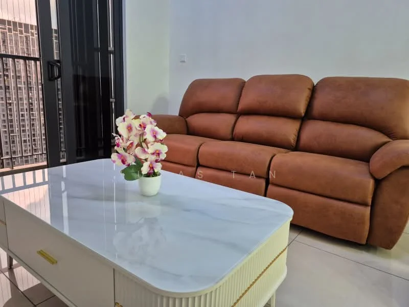 Living features: brown leather sofa, white marble coffee table, decorative plant in white pot, floor-to-ceiling windows, city view, white painted walls, ceramic tile flooring, recessed downlights; style: modern; view: city.