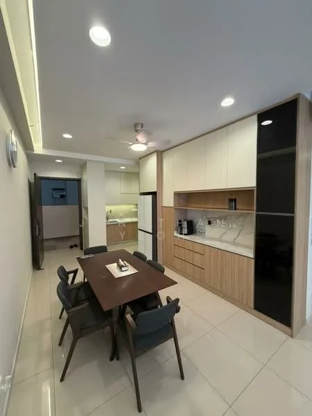 Dining features: rectangular wooden dining table, 4 upholstered dining chairs in dark blue, pendant light fixture, wall-mounted clock, cream painted walls, recessed ceiling lights, tile flooring, kitchen cabinetry with wood finish, white quartz countertop, built-in kitchen appliances, stainless-steel fridge, kitchen sink, kitchen backsplash with marble pattern; style: modern.