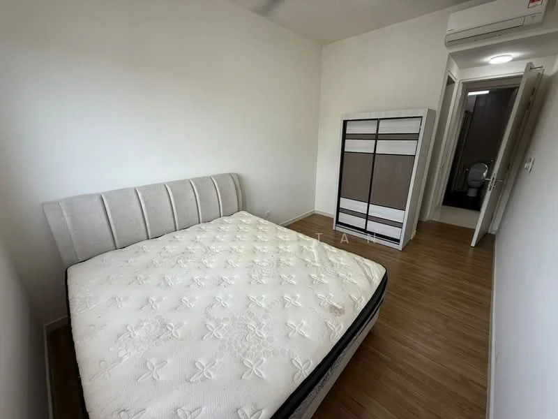 Bedroom features: queen-size bed, upholstered headboard, wooden flooring, built-in wardrobe, wall-mounted split AC, white painted walls, ceiling light, door leading to bathroom; style: modern.