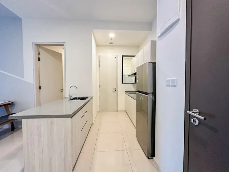 Kitchen features: light wood cabinetry, grey countertop, single-bowl stainless-steel sink, chrome pull-down faucet, built-in refrigerator, built-in oven, ceramic tile flooring, white painted walls, recessed downlights; style: modern.
