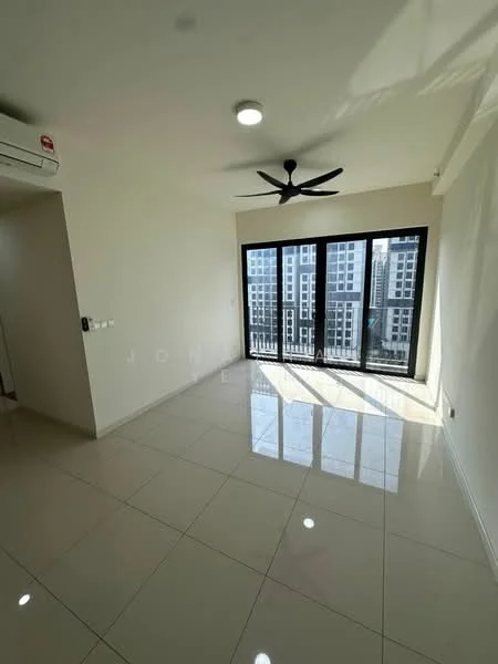 Living features: white painted walls, glossy ceramic tile flooring, 5-blade ceiling fan with light, floor-to-ceiling windows, blackout curtains, city view, recessed downlights, air conditioning unit; style: modern; view: city.