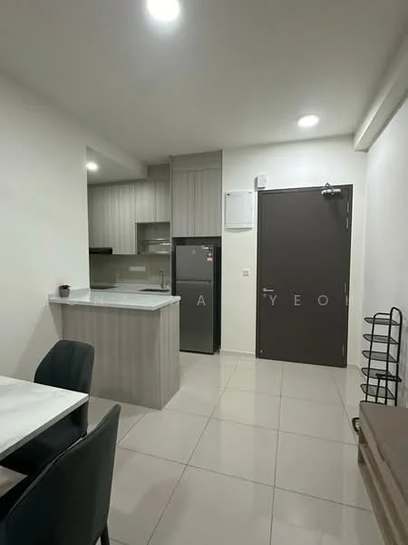 Kitchen features: white painted walls, light grey cabinetry, marble countertop, stainless-steel fridge, built-in oven, ceramic tile flooring, recessed downlights, open shelving, dining table with marble top, black dining chairs, single-bowl stainless-steel sink, chrome pull-down faucet; style: modern.
