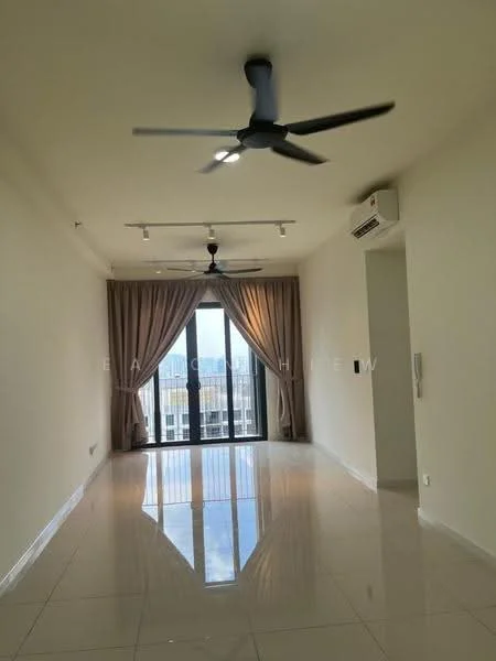Living features: white painted walls, polished ceramic tile flooring, tray ceiling, 2-blade ceiling fan, recessed downlights, floor-to-ceiling windows, sliding glass door, sheer curtains, balcony access, city view; style: modern; view: city.