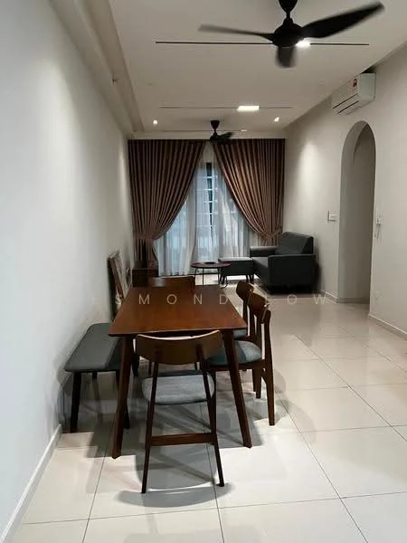 Dining features: rectangular wooden dining table, 4 wooden dining chairs, grey upholstered bench, white painted walls, glossy tile flooring, 5-blade ceiling fan, recessed downlights, floor-to-ceiling windows with sheer curtains, brown curtain drapes, air conditioning unit on wall, sofa in living area visible in background; style: modern.