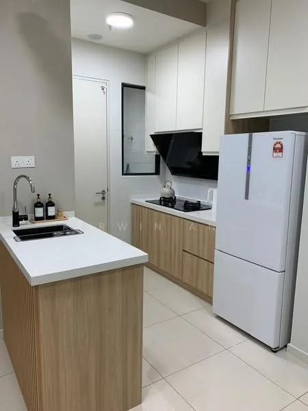 Kitchen features: white quartz countertop, light wood cabinetry, stainless-steel sink, chrome pull-down faucet, built-in gas hob, built-in oven, stainless-steel refrigerator, white tiled backsplash, recessed downlights, cream painted walls, tile flooring, open shelving, kitchen island with seating; style: modern.