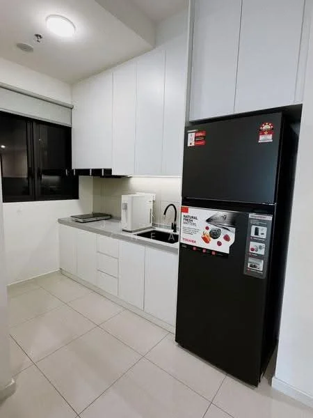 Kitchen features: white cabinetry, black refrigerator, stainless-steel sink, chrome pull-down faucet, grey countertop, white tiled backsplash, built-in microwave, ceramic tile flooring, window with black frame, under-cabinet lighting; style: modern.