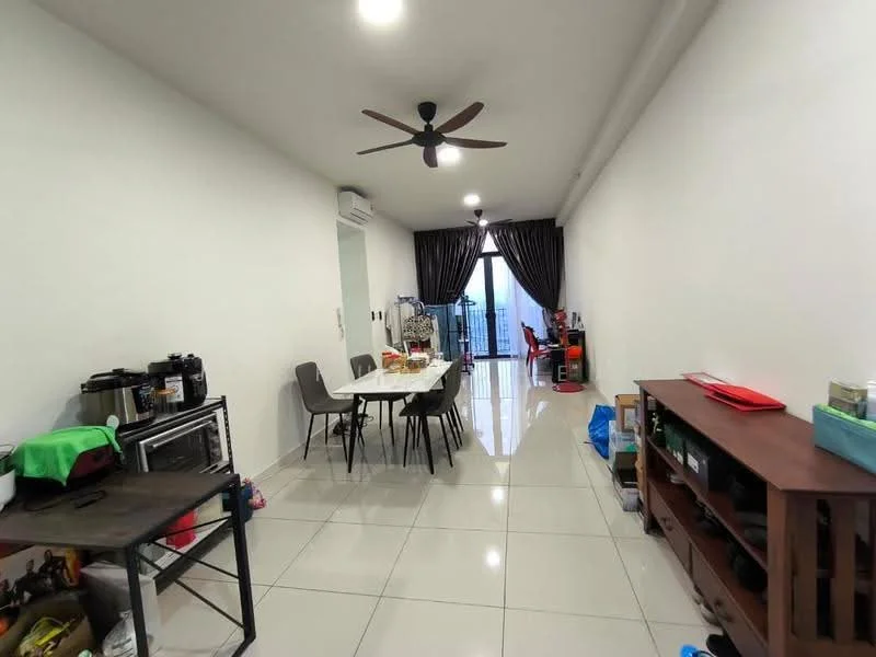 Living features: white painted walls, glossy tile flooring, 5-blade ceiling fan with light, floor-to-ceiling windows, sliding glass door, dark curtains, dining table with chairs, open shelving unit, side table, kitchenette with appliances; style: modern; view: city.