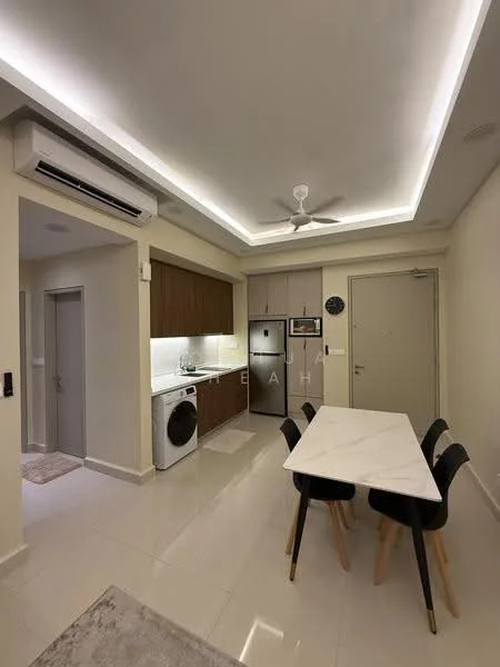 Kitchen features: white painted walls, marble tile flooring, recessed downlights, 5-blade ceiling fan with light, brown wooden cabinetry, stainless-steel fridge, built-in washing machine, white countertop, dining table with marble top, 4 black dining chairs; style: modern.